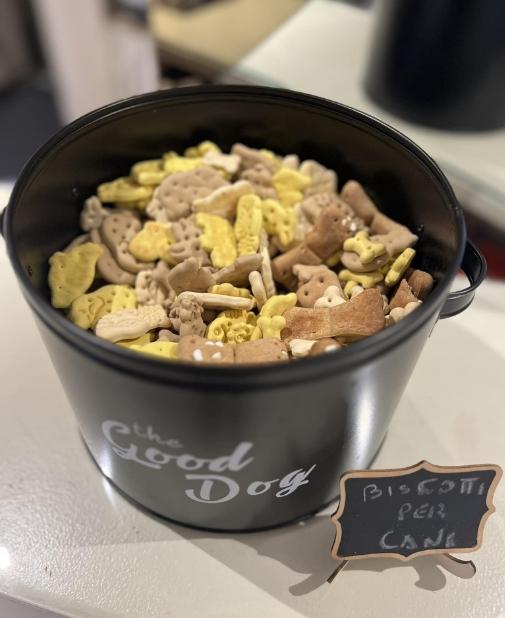 Secchio nero con biscotti per cani, allegri e colorati, etichetta: